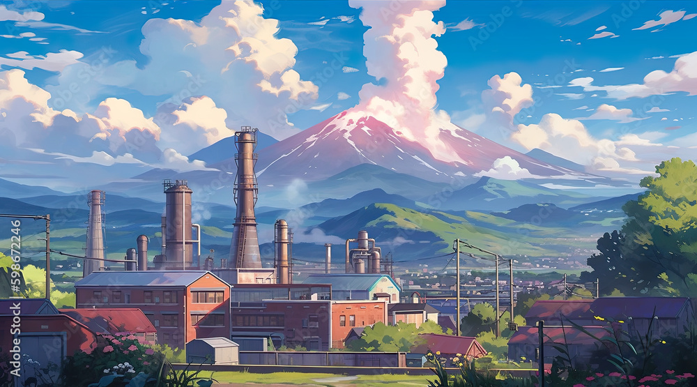 Poster a painting of a factory with a mountain in the background. ai generative.