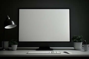 lcd monitor with white blank screen. modern office desk interior. mock up template.