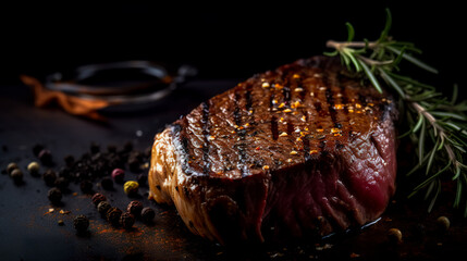 grilled beef steaks with spices on dark background. Generative AI