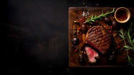 grilled beef steaks with spices on dark background. Generative AI