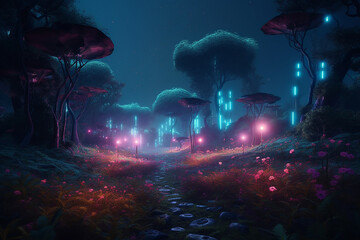 Colorful bioluminescence plants in forest, crystals and glowing path, fireflies.