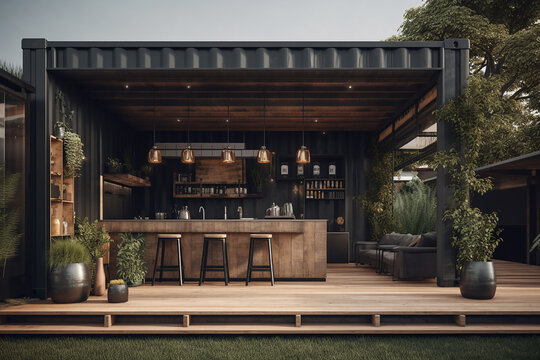 Modern home design, backyard bar area made with shipping containers.
