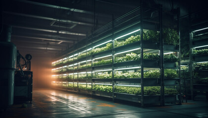 Indoor plant growth in modern greenhouse factory generated by AI