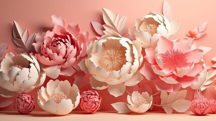 3d  pink paper flowers background. AI generative