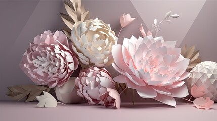 3d pink and white paper flower background. AI generative