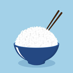 Rice bowl with chopsticks on blue backgrounds vector illustration.