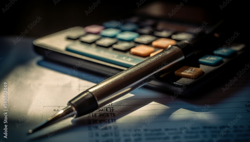 Poster calculating financial growth with pen and calculator generated by ai