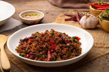 Thai Basil Minced beef,Stir fired ground beef with garlic and basil leaf in chilli sauce (Pad Kra pao)