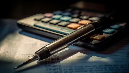 Fototapeta premium Calculating financial growth with pen and calculator generated by AI