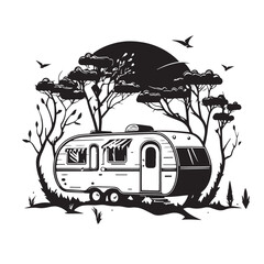 a traditional caravan vacation concept. 
Isolated on white background. Black in color. Picture drawn on a single line art. - obrazy, fototapety, plakaty