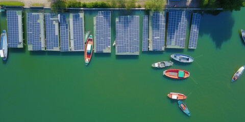 Fototapeta na wymiar solar power panels plant on the water, panels among the lake, green energy, generativ ai