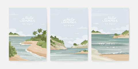 Set of beautiful banner, poster or greeting card design template with sandy summer beach. Set of nature landscape background. Vector illustration