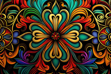 bright colorful mexican folk floral ornament on black background. Generative AI