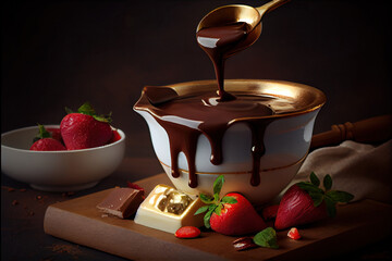 Strawberries with melted chocolate fondue. Generative AI - obrazy, fototapety, plakaty