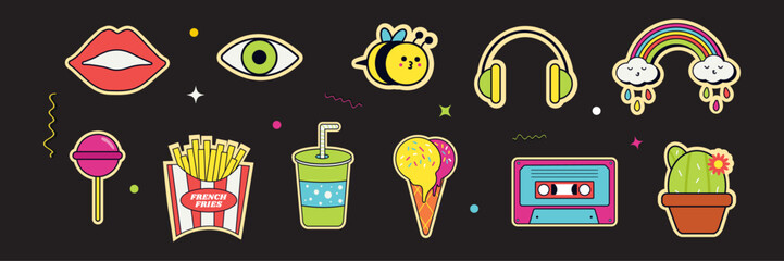 Set of stickers in the Y2K style. Isolated background. Ice cream, lips, candy, cassette, cocktail, retro headphones, rainbow, cactus, bee, french fries. Y2k icons set, 2000s