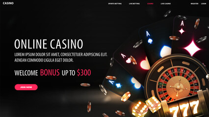 Online casino, welcome bonus, black banner with offer, slot machine, Casino Roulette, poker chips and neon playing cards on dark background