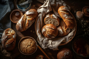 Many mixed breads and rolls shot from above. Neural network AI generated art - obrazy, fototapety, plakaty
