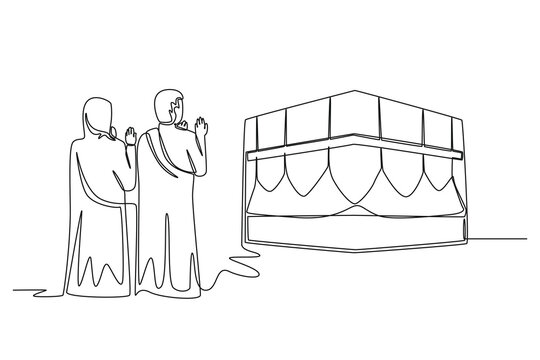 Continuous one line drawing muslim couples wife and husband wearing white traditional clothes pray on kaabah. Hajj and umrah concept. Single line draw design vector graphic illustration.