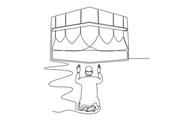 Continuous one line drawing muslim wearing white traditional clothes pray on kaabah. Hajj and umrah concept. Single line draw design vector graphic illustration.