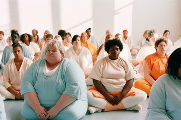 Fototapeta premium Yoga, meditation lesson. Group of diverse curvy, plus size, active, big, chubby people follow teacher's instructions. AI generative illustration.