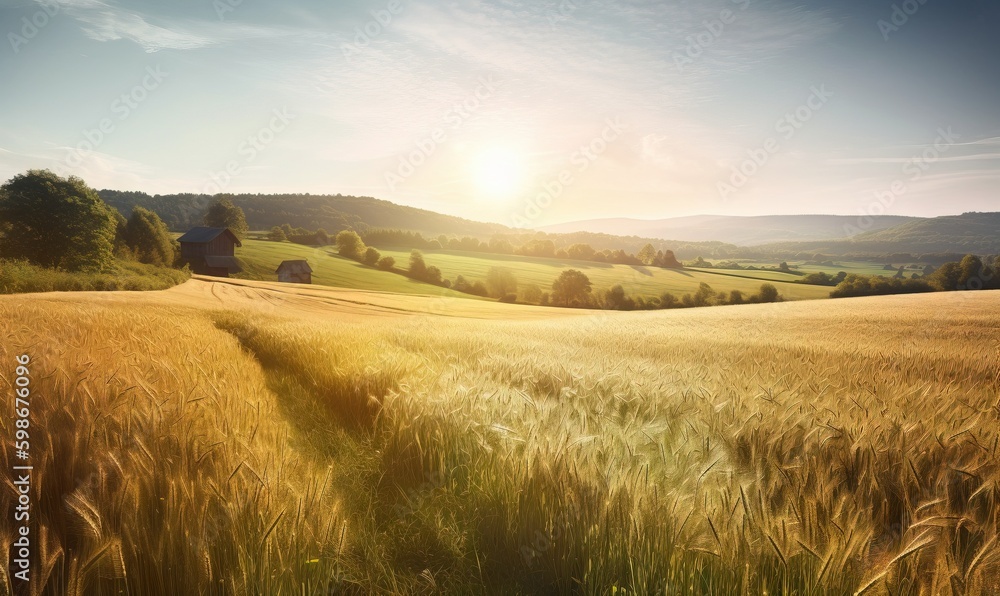 Aufkleber a field of wheat with a house in the distance in the distance. generative ai