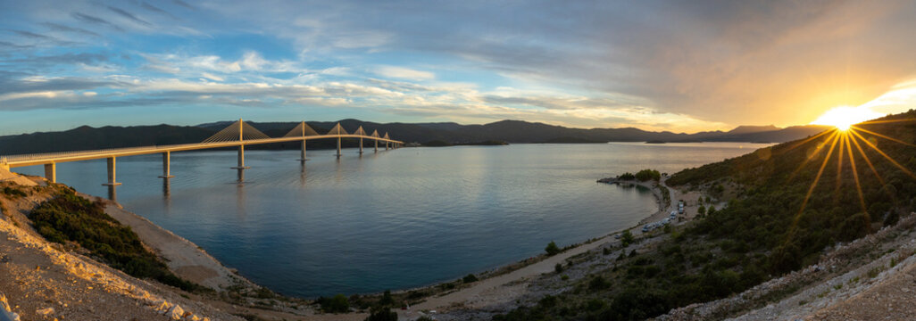 Peljesac Bridge, Komarna Croatia - beautiful and modern bridge over the adriatic sea in Dubrovnik-Neretva at sunset