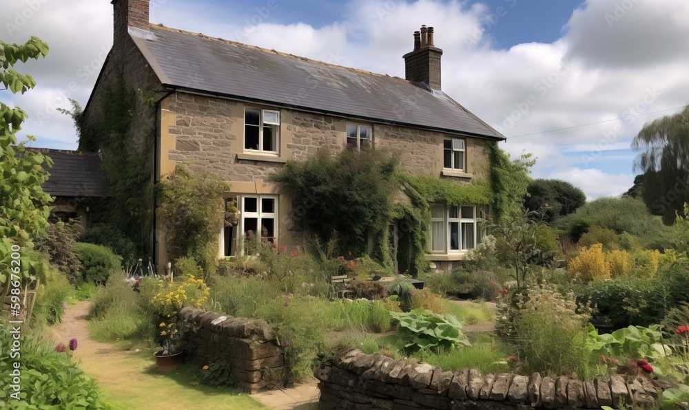 Poster a house with a garden in front of it and a stone wall in front of it. generative ai