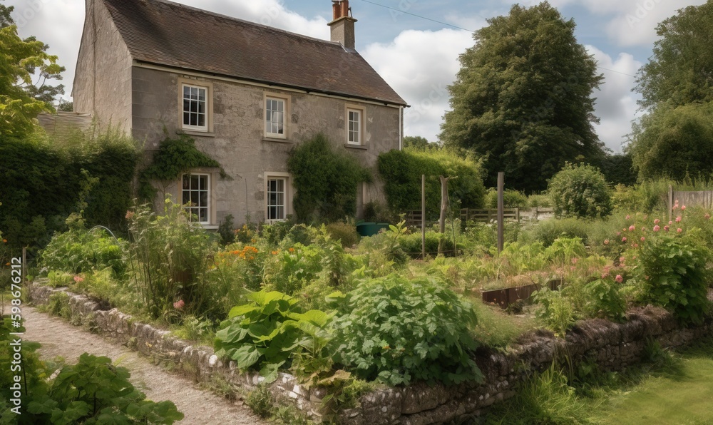 Poster  a house with a garden in front of it and a path leading to it.  generative ai