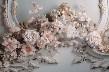 Decorative pink bloom flowers and mirror frame in Rococo style. Copy space and luxurious style. Generative AI