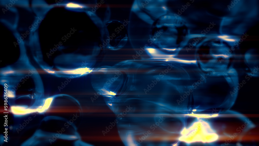 Poster glowing blue fantastic amorphic shapes particles - dark bokeh backdrop - abstract 3d rendering