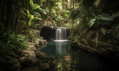  a small waterfall in a lush green forest filled with water.  generative ai