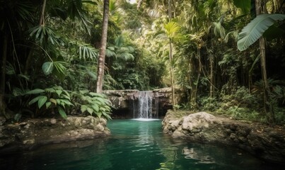  a small waterfall in a tropical forest with a pool of water.  generative ai