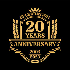 20 years anniversary icon or logo. Vintage birthday banner design. 20th anniversary jubilee celebration badge or label. Vector illustration. - obrazy, fototapety, plakaty