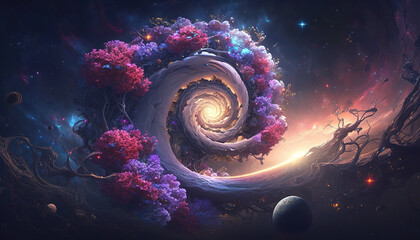 a black hole which is eating all the plants in space, fantasy artwork, generative ai technology