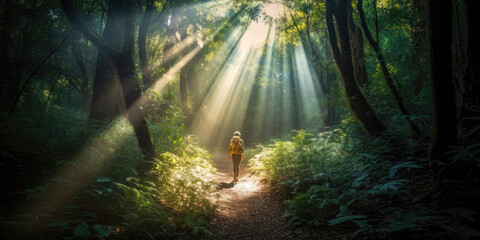 Solo traveler trekking through a dense forest, with rays of sunlight piercing through the leaves to create a magical atmosphere. Generative AI