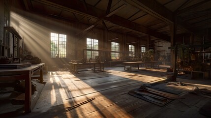 Abandoned silk mill, damaged machinery illuminated with daylight. AI generative industrial interior.