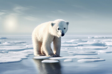 Plakat Polar bear on small melting ice float in ocean. Climate change concept. Generative AI illustration