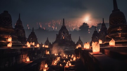 Fototapeta na wymiar Vesak day in Borobudur temple and light a lampion