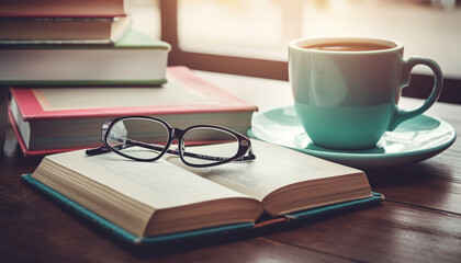 Fototapeta premium Stack of textbooks on table, student studying generated by AI
