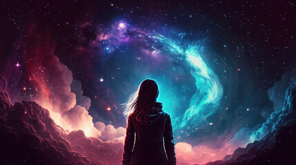 Fototapeta premium a woman is standing in front of the big galaxy, shining sky, generative ai technology