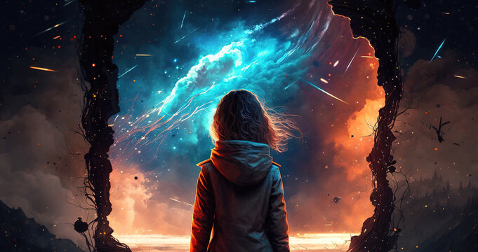 a modern dressed woman standing in front of a warp portal, radiant sky, generative ai technology