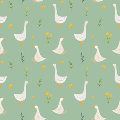 Beautiful children's seamless pattern with cute hand drawn watercolor goose bird. Stock illustration. © zenina