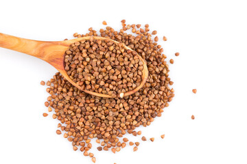 Uncooked buckwheat on wooden spoon