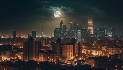 Fototapeta premium Bright city lights illuminate the modern skyline generated by AI