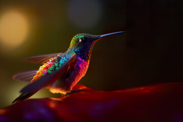 Fototapeta premium Beautiful rainbow colored hummingbird, small multicolor decorative figurine, AI generative illustration