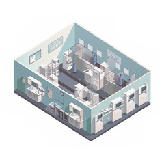 Pharma, pharmaceautical clean room, production line, AI generative industrial interior, isometric cartoon image