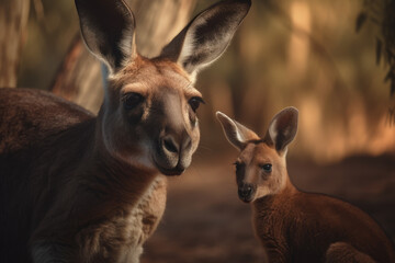 kangaroo with her baby, beautiful background, ai generated.