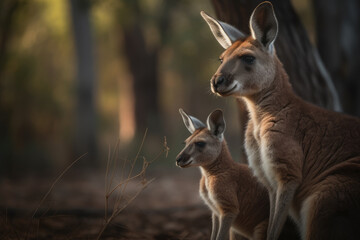 Fototapeta premium kangaroo with her baby, beautiful background, ai generated.
