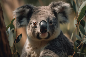 Koala looking at the camera, beautiful background, eucalyptus forest background, ai generated.