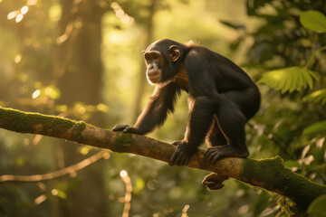 Adventurous Jungle Explorer. Captivating photograph of a chimpanzee skillfully climbing a tree in a sun-kissed jungle. Wildlife concept AI Generative